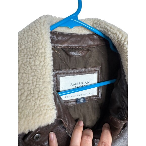 American Eagle Mens Faux Leather Aviator Jacket With Sherpa Collar Size S - Picture 3 of 4